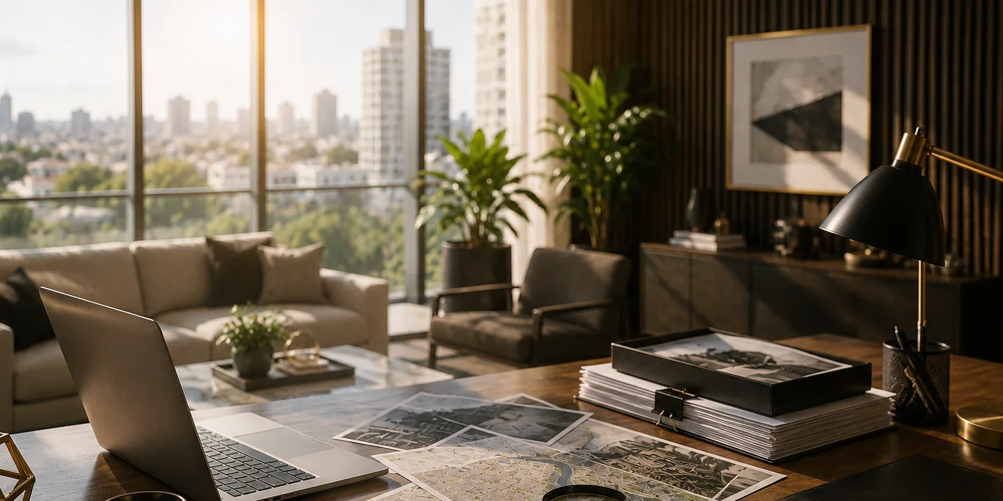 Mesa de trabalho iluminada por luz natural, com fotografias e mapas impressos, em um ambiente residencial.