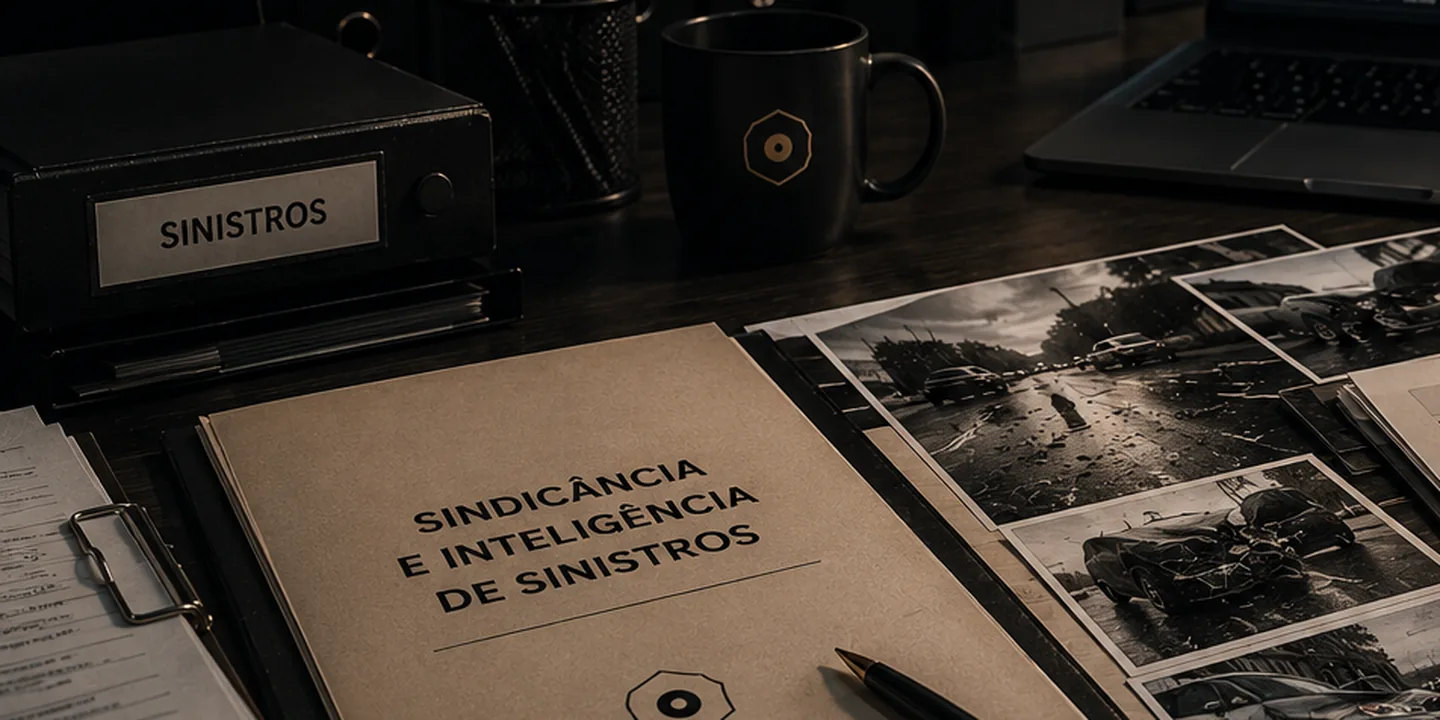 Mesa de apuração de sinistro com dossiê de sindicância, fotografias de veículos avariados e pastas de vistorias e relatórios.