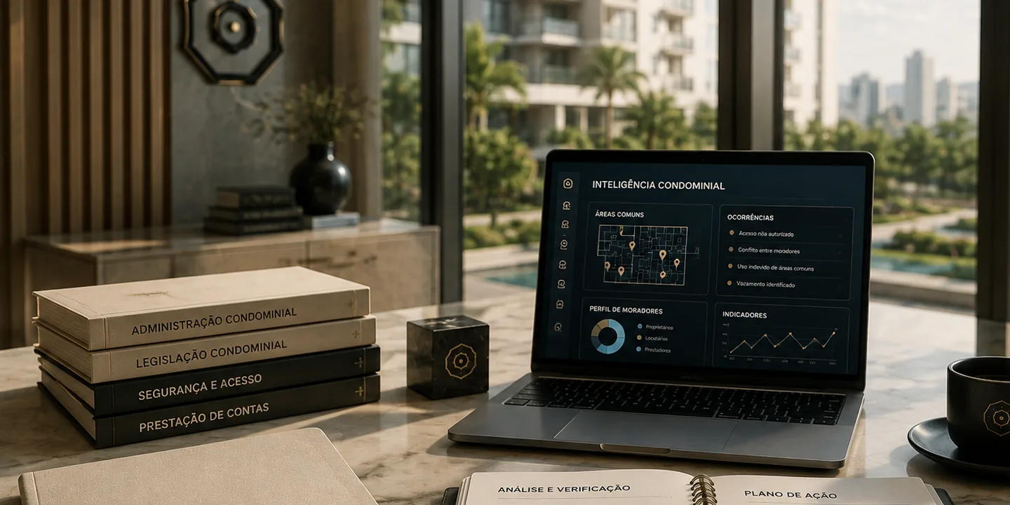 Mesa de trabalho com material de administração condominial e caderno de análise e verificação, diante de um condomínio residencial.